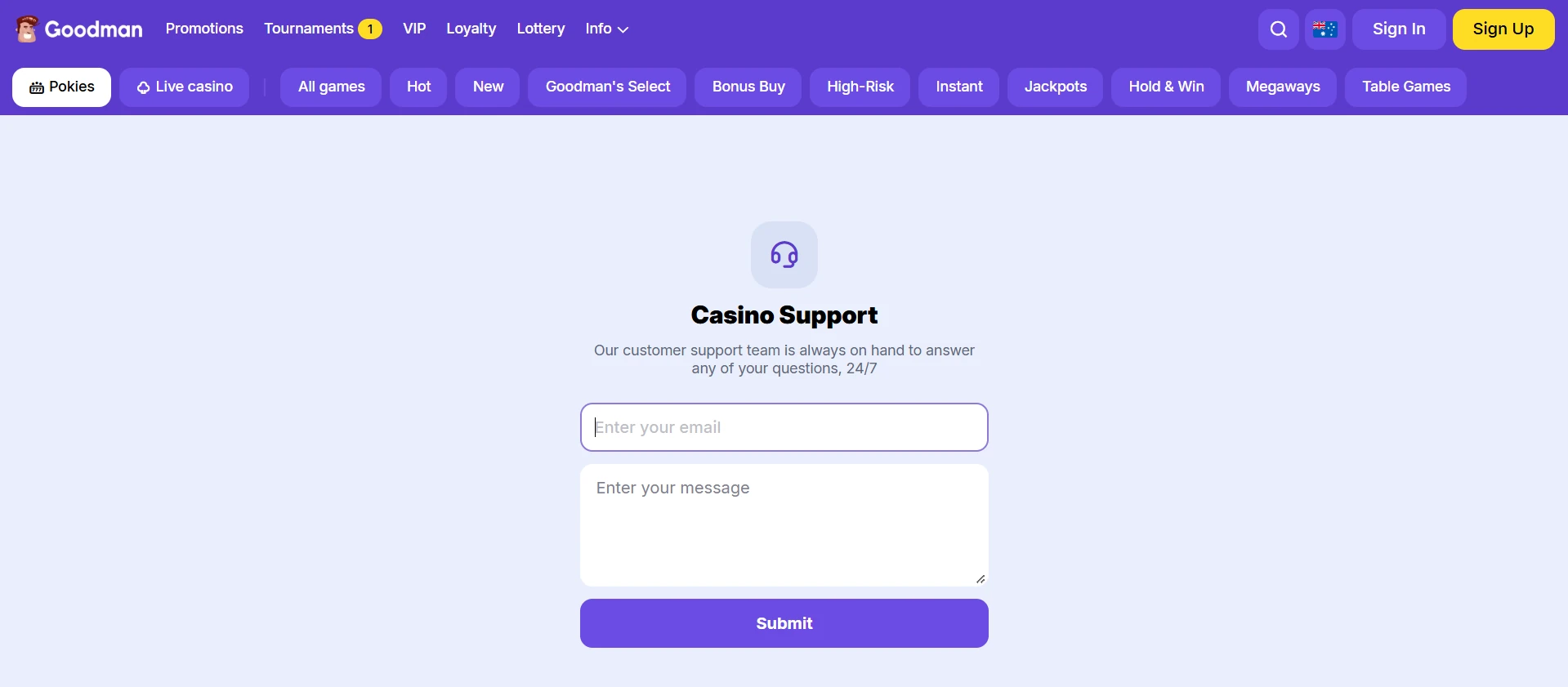 Goodman Casino support contact screen