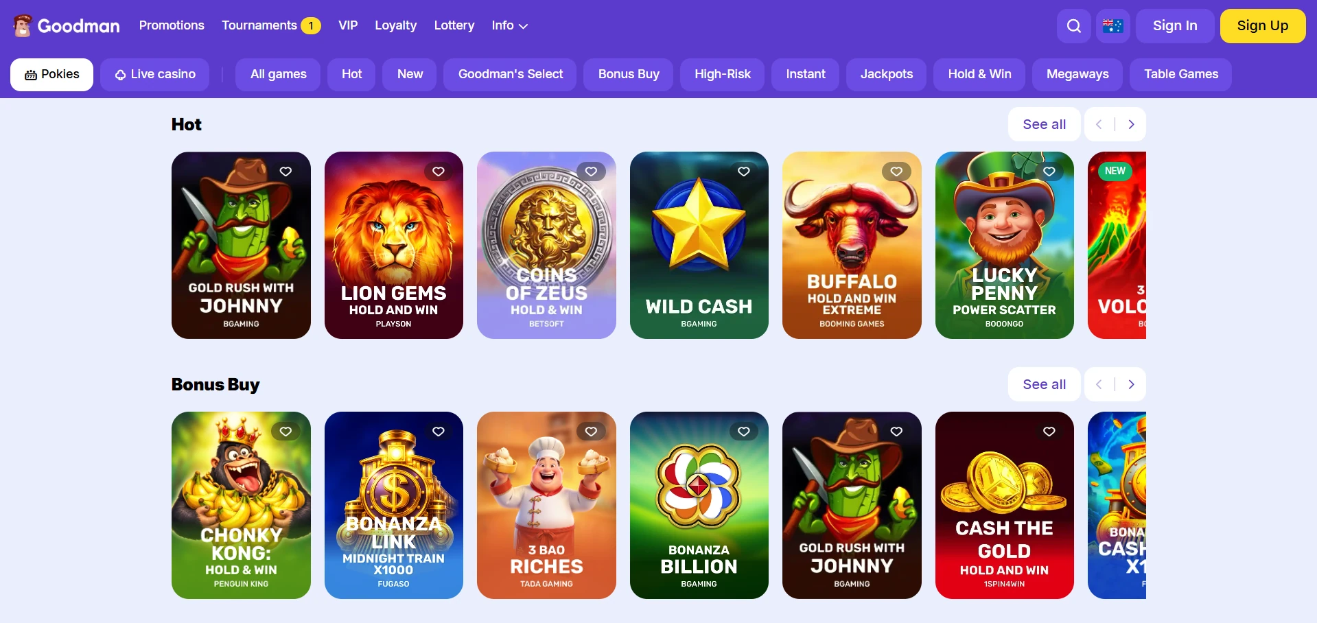 Goodman game lobby screenshot with game icons